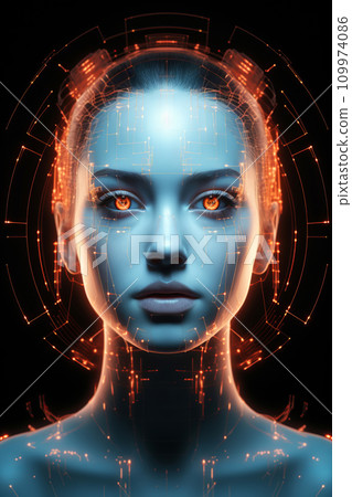 Futuristic female android portrait with blue skin and a hologram around face 109974086