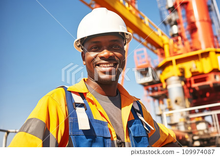 Attractive African American oil worker at work on a drilling rig 109974087