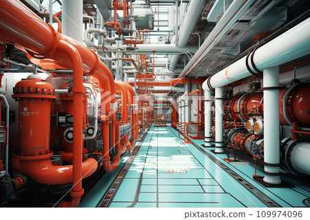 Pipeline, storage tanks and pipe rack of petroleum, chemical, hydrogen or ammonia industrial plant. Industrial interior Close up 109974096