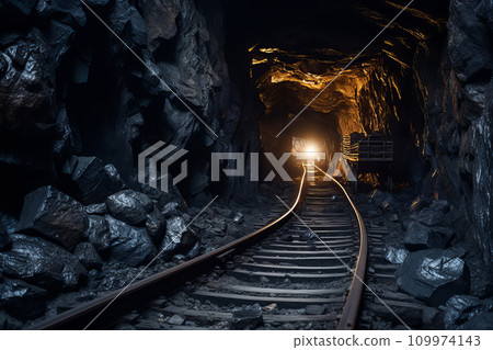 Underground coal mine with rails and trolley Underground coal mine with rails and trolley 109974143