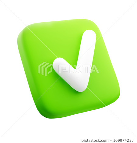 3D Check Mark Box Icon Isolated on White Background. Design Element for Confirmation, Done Task or Approvement Concept. Button for App. Vector Illustration of 3d render in Cartoonish Style. 3D Check Mark Box Icon Isolated on White Background. Design Element for Confirmation, Done Task or Approvement Concept. Button for App. Vector Illustration of 3d render in Cartoonish Style. 109974253