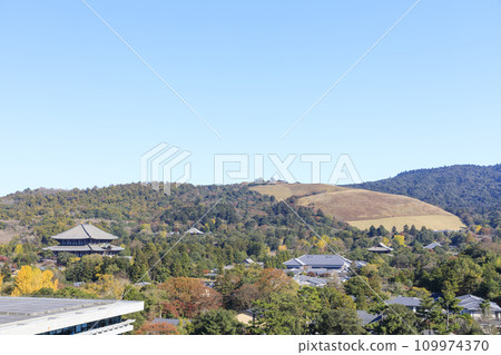 Nara City, Nara Prefecture, Todaiji Great Buddha Hall and Mt. Wakakusa in autumn, view from the Nara Prefectural Office 109974370