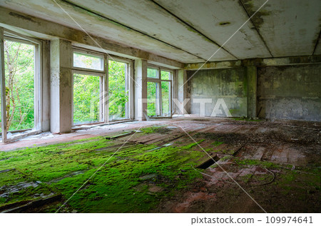 Premises of abandoned school in resettled village of Pogonnoe in exclusion zone of Chernobyl nuclear power plant, Belarus 109974641