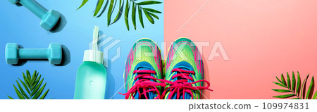 Fitness shoes and dumbbells with tropical plants 109974831