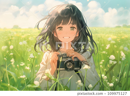 站在綠色田野微笑的攝影師女孩 站在綠色田野微笑的攝影師女孩 109975127