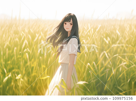 穿著制服在田裡微笑的年輕女子 穿著制服在田裡微笑的年輕女子 109975156