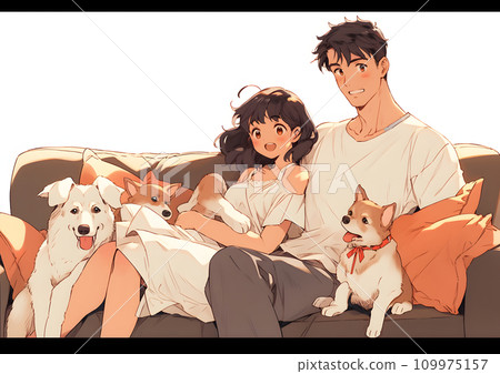 年輕幸福的家庭坐在沙發上,小狗和嬰兒坐在腿上 年輕幸福的家庭坐在沙發上,小狗和嬰兒坐在腿上 109975157