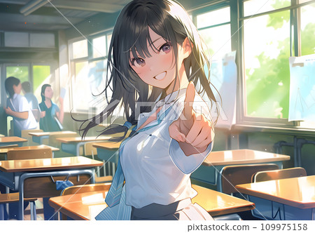 High school girl smiling and pointing in the classroom 109975158