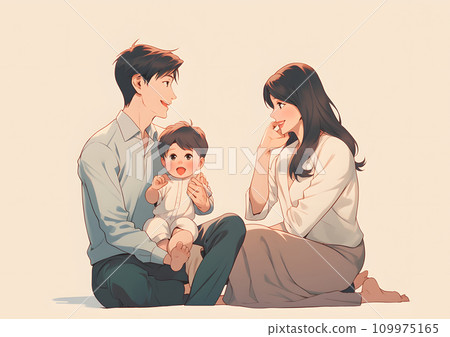 微笑的年輕夫婦坐著和他們的孩子聊天 微笑的年輕夫婦坐著和他們的孩子聊天 109975165