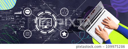Social media theme with person using a laptop Social media theme with person using a laptop 109975286