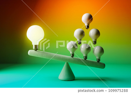 Many ideas versus one big idea with light bulbs - 3D Many ideas versus one big idea with light bulbs - 3D 109975288