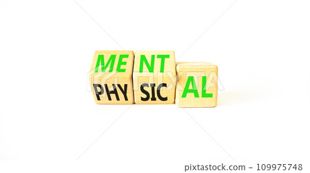Mental or physical symbol. Concept word Mental or Physical on wooden cubes. Beautiful white table white background. Business lifestyle and mental or physical concept. Copy space. 109975748