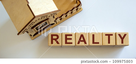 Wooden cubes form the word 'realty' near miniature house. 109975803