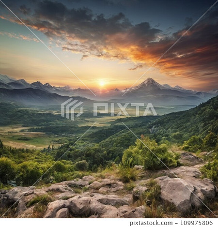 Sunset over the mountains, AI image 109975806