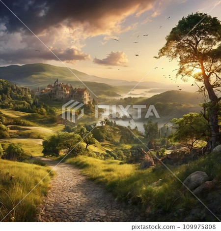 Rural village shrouded in morning mist, AI image 109975808