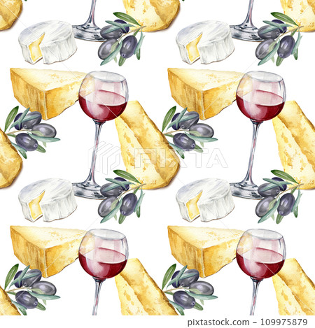 watercolor seamless pattern with wineglass with red wine, brunch of olives and Italian and French cheeses, brie, camembert and parmesan, illustration isolated on white background watercolor seamless pattern with wineglass with red wine, brunch of olives and Italian and French cheeses, brie, camembert and parmesan, illustration isolated on white background 109975879