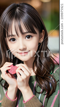 AI 圖像 在咖啡館裡拿著禮物的年輕女子 109975921