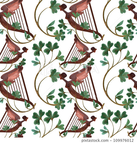 Seamless pattern with symbols of Ireland. Wrapping paper for St. Patrick's Day. Watercolor in vintage style on a white background. 109976012