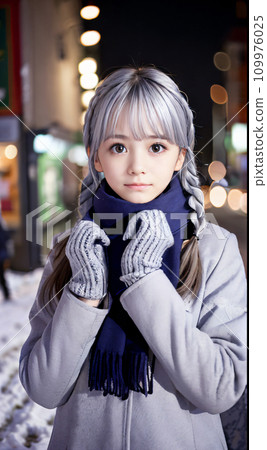 AI image Young woman holding a present on the street on a snowy night 109976025