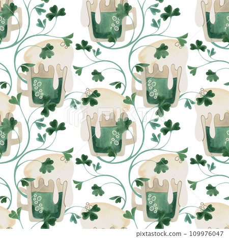 Seamless pattern with symbols of Ireland. Wrapping paper for St. Patrick's Day. Watercolor in vintage style on a white background. Seamless pattern with symbols of Ireland. Wrapping paper for St. Patrick's Day. Watercolor in vintage style on a white background. 109976047