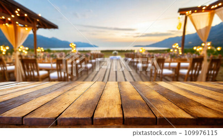 wooden table with blurry wedding location in background . ai generated 109976115