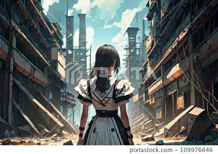 一名婦女站在一座廢棄的未來城市中的後視圖 生成人工智慧 一名婦女站在一座廢棄的未來城市中的後視圖 生成人工智慧 109976646