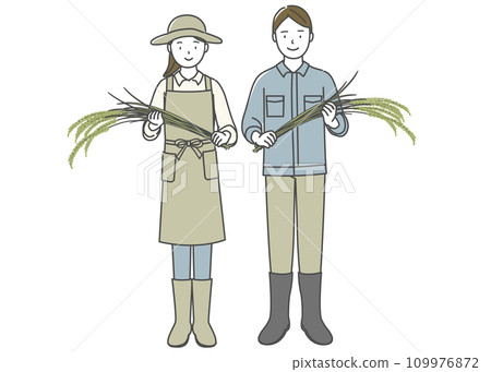 年輕男女手裡拿著收割的稻米 109976872