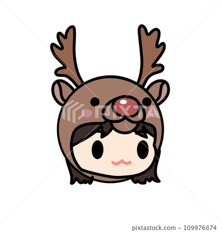 Cartoon of a girl wearing Reindeer with red nose hat. For Christmas, new year design greeting card Cartoon of a girl wearing Reindeer with red nose hat. For Christmas, new year design greeting card 109976874