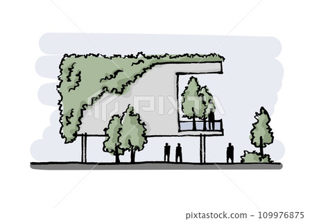 Cartoon hand drawing of building with plants, trees with people. Green architecture, sustainability concept Cartoon hand drawing of building with plants, trees with people. Green architecture, sustainability concept 109976875