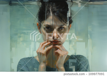 Woman in a moment of self-reflection, surrounded by reflective surfaces, mirrors, water 109977091