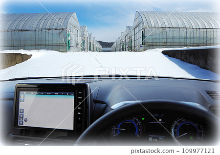 View of the driver of a car trying to climb a steep slope covered with snow (illustration style) View of the driver of a car trying to climb a steep slope covered with snow (illustration style) 109977121