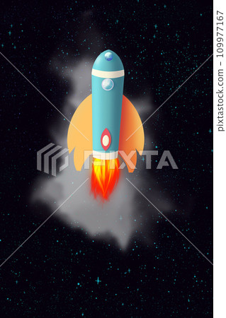Cartoon space shuttle launch in outer space. Fantastic UFO rocket with bursting fire against grey cloud of nebulas in space. Illustration of the flight of a spaceship in endless mesmerizing space. Cartoon space shuttle launch in outer space. Fantastic UFO rocket with bursting fire against grey cloud of nebulas in space. Illustration of the flight of a spaceship in endless mesmerizing space. 109977167