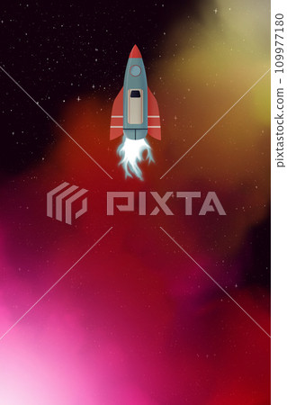 Cartoon Rocket in space. The flight of a spaceship with fire from turbines against red glowing cloud of nebulas in cosmos. 109977180