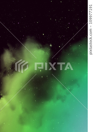 A fantastic green cloud of gas nebula in stellar space. A cartoon illustration of cosmic space 109977191