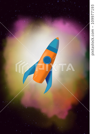 Cartoon rocket and glowing nebula in space. Flight of spaceship against nebulas in cosmos. Outer space illustration. Cartoon rocket and glowing nebula in space. Flight of spaceship against nebulas in cosmos. Outer space illustration. 109977193