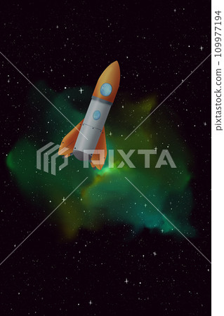 A cartoon rocket in space. Spaceship flies against the background of a green cloud of nebulae and dark starry space. Cosmic illustration. A cartoon rocket in space. Spaceship flies against the background of a green cloud of nebulae and dark starry space. Cosmic illustration. 109977194