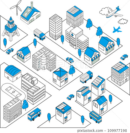 Overhead illustration of a simple cityscape with cars running (blue) Overhead illustration of a simple cityscape with cars running (blue) 109977198