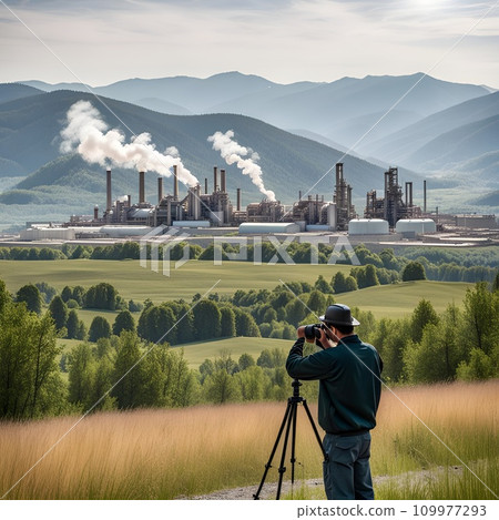 AI-generated content. Generative AI illustration of industrial espionage of a chemical plat as a distant person photographs the area. 109977293