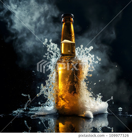 Beer bottle with splashes on a dark background 109977326