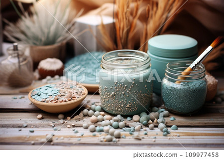 Diy pottery artistic workplace with clay, paint and beads 109977458