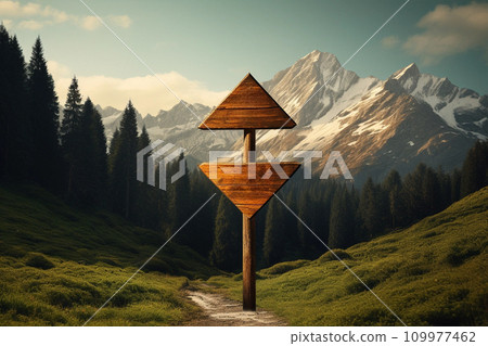 Closeup of wooden direction pointer, beautiful sky 109977462