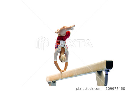 back female gymnast athlete flipping on balance beam gymnastics, isolated on white background 109977468