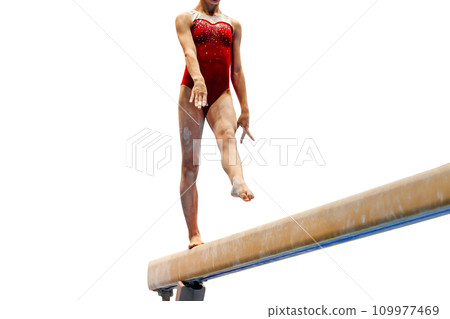 female gymnast exercise balance beam gymnastics isolated on white background, sports included in summer games 109977469