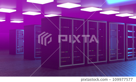 Server room. Server data center. Backup, mining, hosting, mainframe, farm and computer rack with storage information. 3d rendering Server room. Server data center. Backup, mining, hosting, mainframe, farm and computer rack with storage information. 3d rendering 109977577