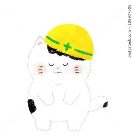 Under construction cat bowing hand drawn illustration 109977609
