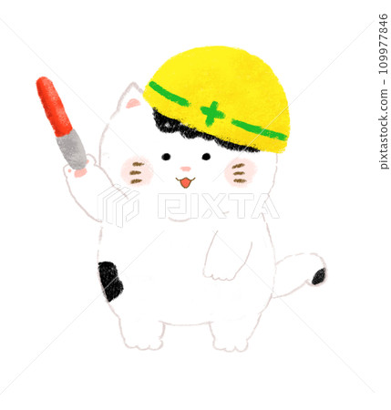 Hand-drawn illustration of a cat holding a guide rod during construction 109977846