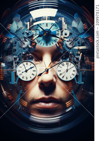 Surreal portrait of a man surrounded by watch dials. Time concept 109978171