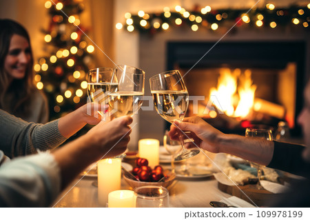 Happy friends having fun and toasting sparkling wine glasses close-up against burning fireplace background. Christmas celebration Happy friends having fun and toasting sparkling wine glasses close-up against burning fireplace background. Christmas celebration 109978199