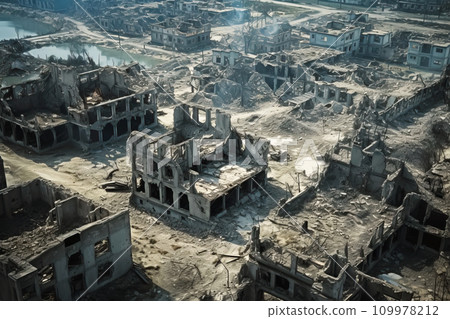Empty ruins of city destroyed by war or natural disaster. Consequences of carpet bombing Empty ruins of city destroyed by war or natural disaster. Consequences of carpet bombing 109978212