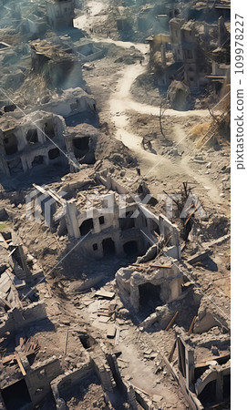 Empty ruins of city destroyed by war or natural disaster. Consequences of carpet bombing Empty ruins of city destroyed by war or natural disaster. Consequences of carpet bombing 109978227